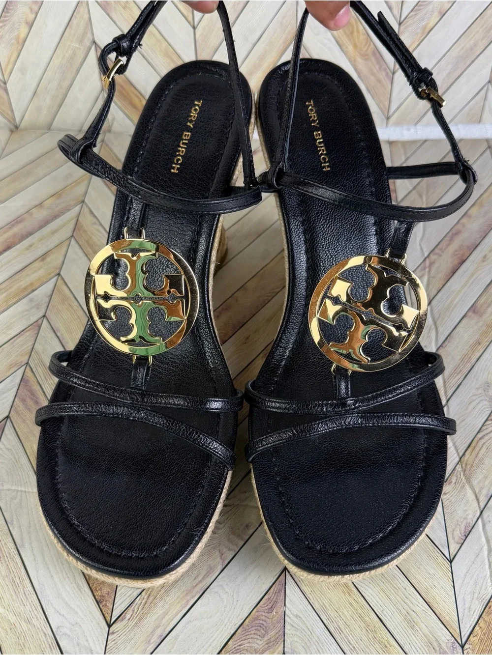 Tory Burch Black Leather Logo Espadrille Wedge Sandals Women's Size 9.5